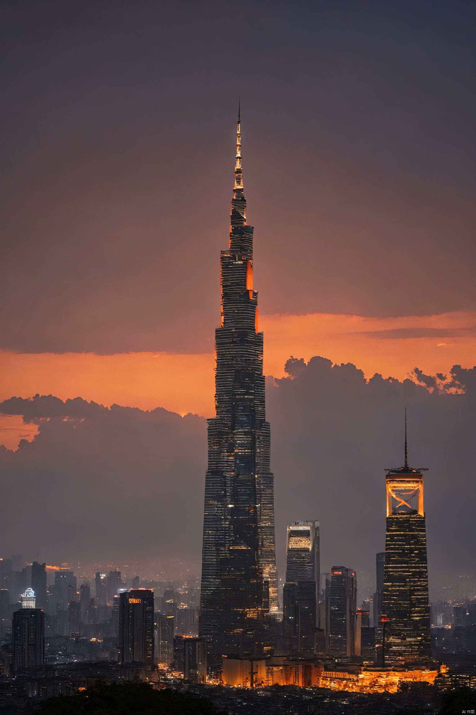  shanghai,cityscape,building,no_humans,gradient_sky,orange_sky,sunset,twilight,city,sky,scenery,mountain,cloud,cloudy_sky,evening,outdoors,tower