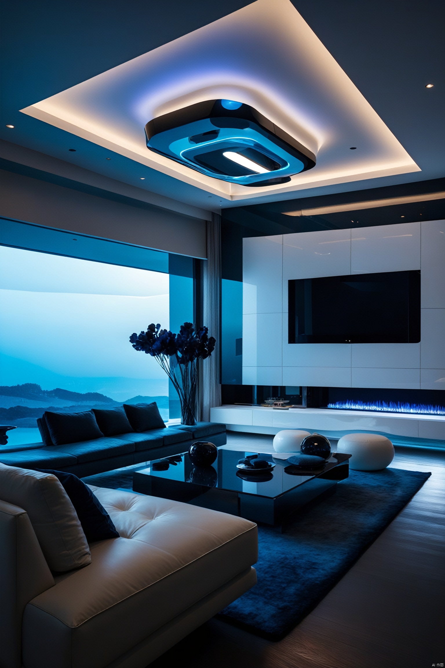 Design a futuristic, surrealistic home environment that merges advanced technology with imaginative design elements. The scene should depict a highly innovative living space, where technology seamlessly integrates into every aspect of home life. Include features like holographic displays, intelligent home assistants, and advanced gadgetry that blend into the environment. The architecture should be cutting-edge, perhaps with floating elements or unconventional shapes, reflecting a vision of the future. The color palette should be vibrant yet harmonious, capturing a balance between technology and comfort. The atmosphere should feel otherworldly yet inviting, showcasing a living space that is beyond contemporary imagination but still feels like a home. Highlight how this futuristic setting enhances daily life, making it more efficient, enjoyable, and extraordinary, Dream Homes