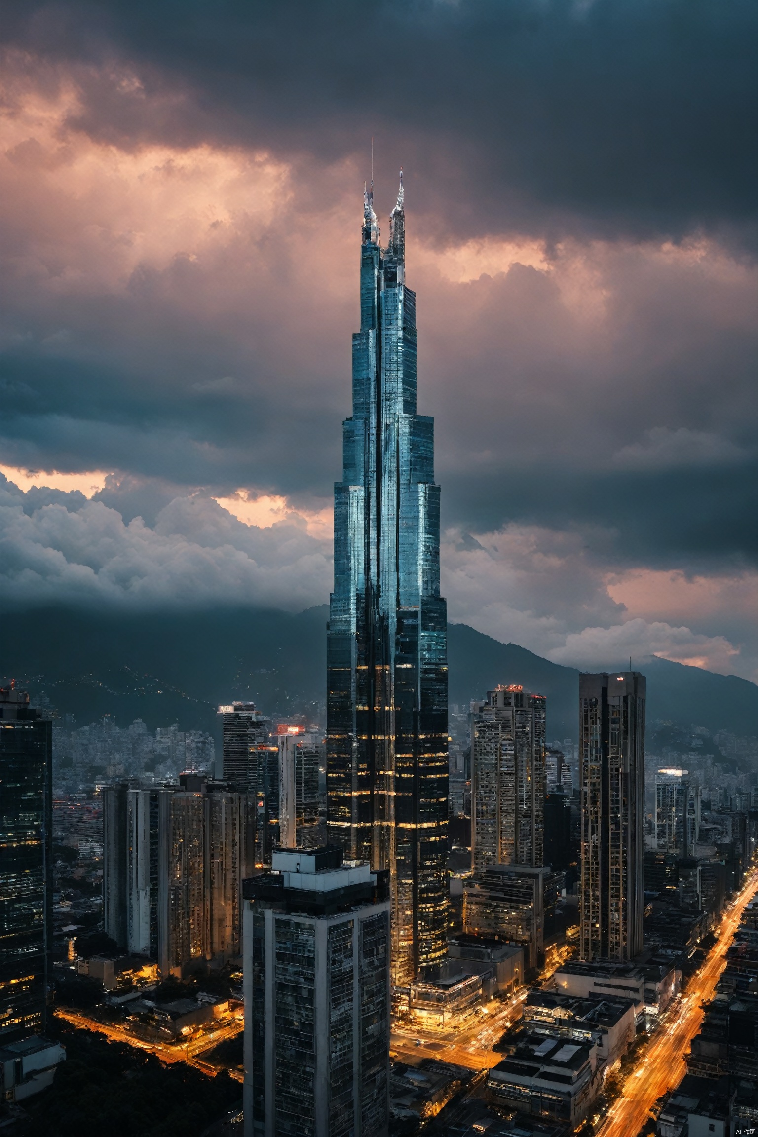  City photography,Urban construction,cityscape,building,high rise building, CBD, no_humans,gradient_sky,city,sky,scenery,mountain,cloud,cloudy_sky,evening,outdoors,tower,high quality, best quality
