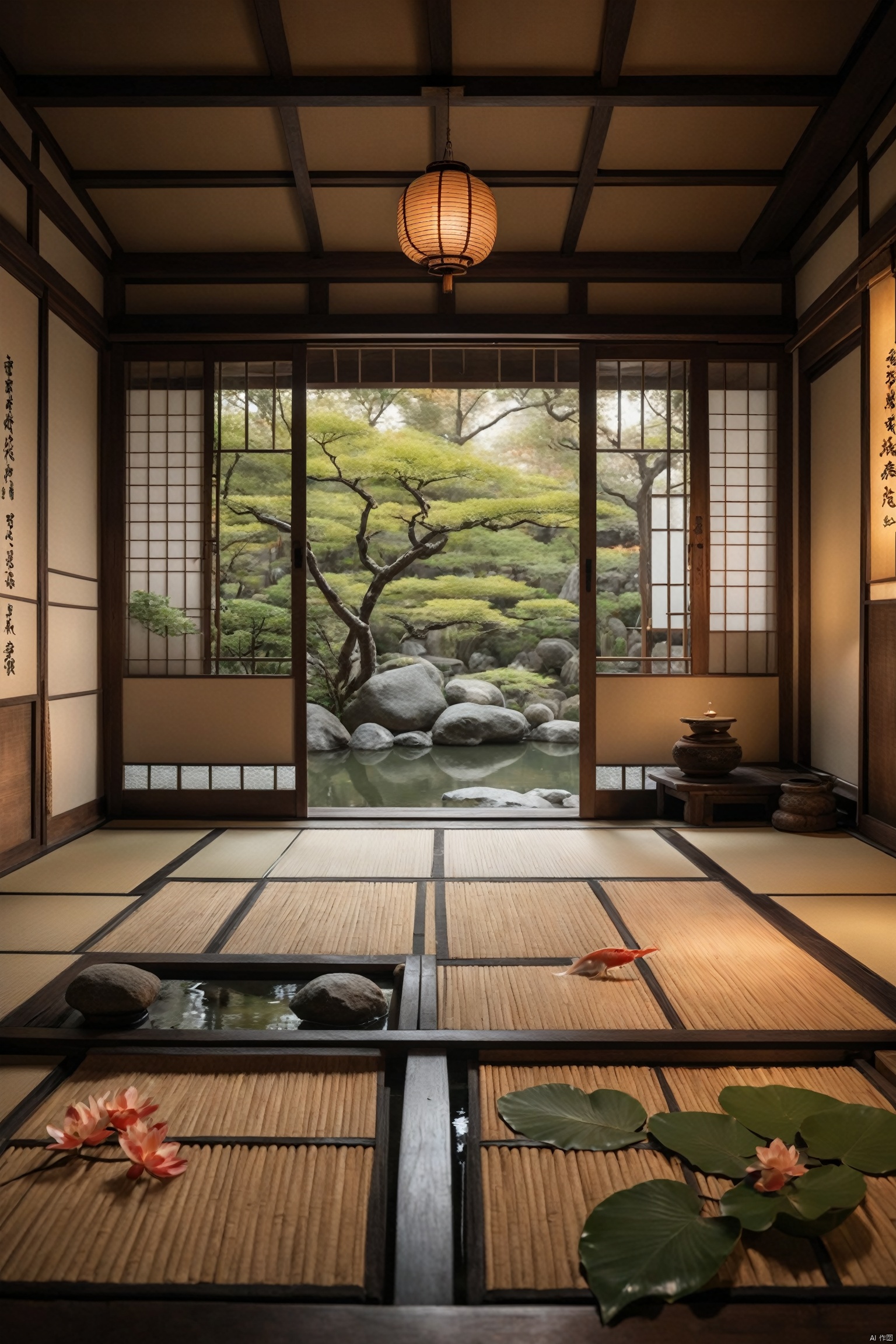  Japanese teahouse in traditional style, wooden sliding doors, tatami mats, Zen garden with koi pond, tranquil and meditative ambiance., perfect environment, cinematic lighting, product photography, unreal engine, 8K