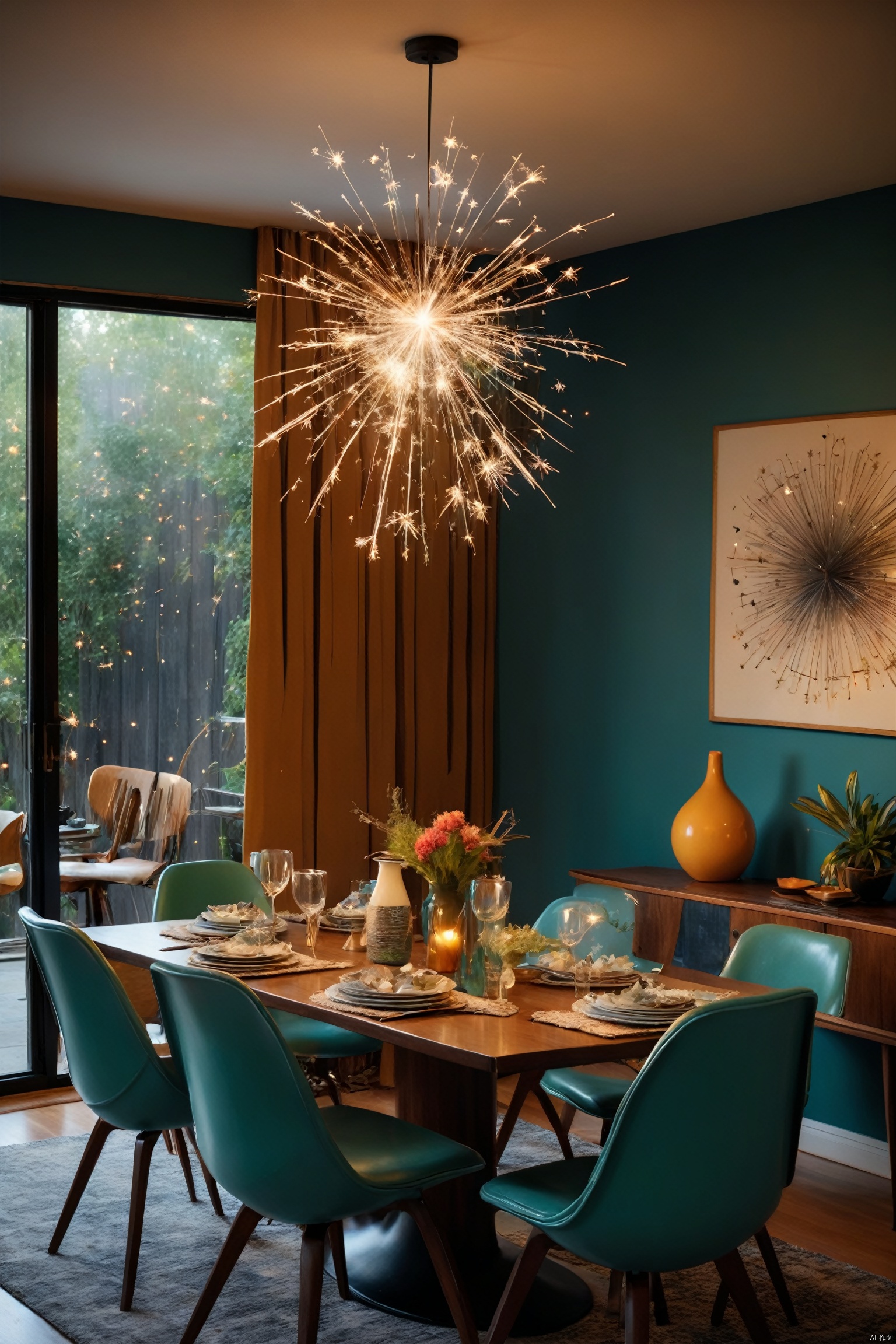  interior design,Mid-Century Modern Dining Room with Eames Chairs and Atomic Decor,Sparklers held by the subject for a dynamic and energetic effect (Sparklers),4k,HD,HDR,