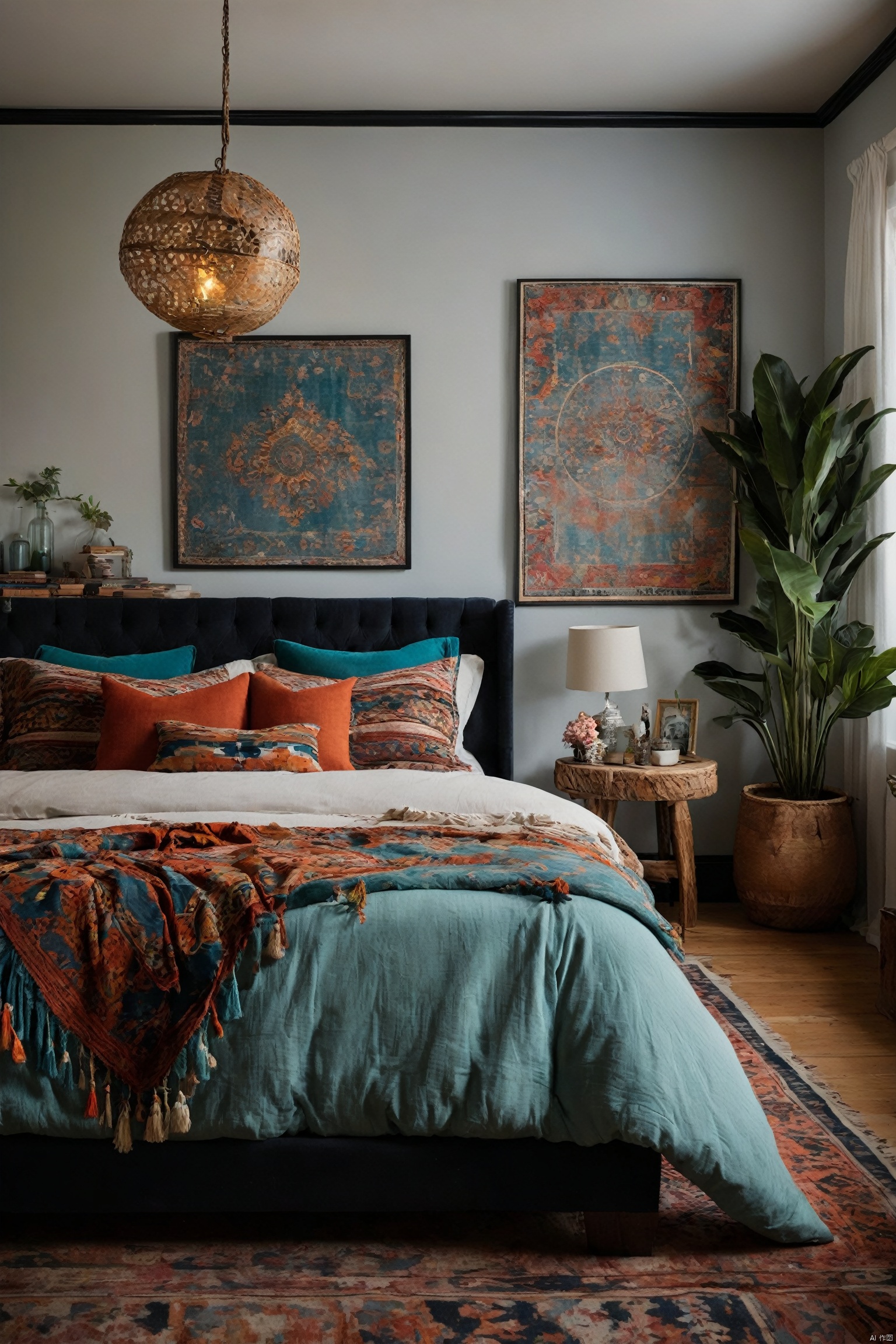  Create a Bohemian-style bedroom design with integrated modern technology. Emphasize vibrant colors, eclectic patterns, and a mix of textures. The room should feel free-spirited and artistic, with unconventional decor and smart home gadgets. Consider including elements like programmable mood lighting and artistic digital displays. This design should foster a sense of creativity and unconventionality, appealing to those who love a lively, tech-savvy, and unconventional living space.