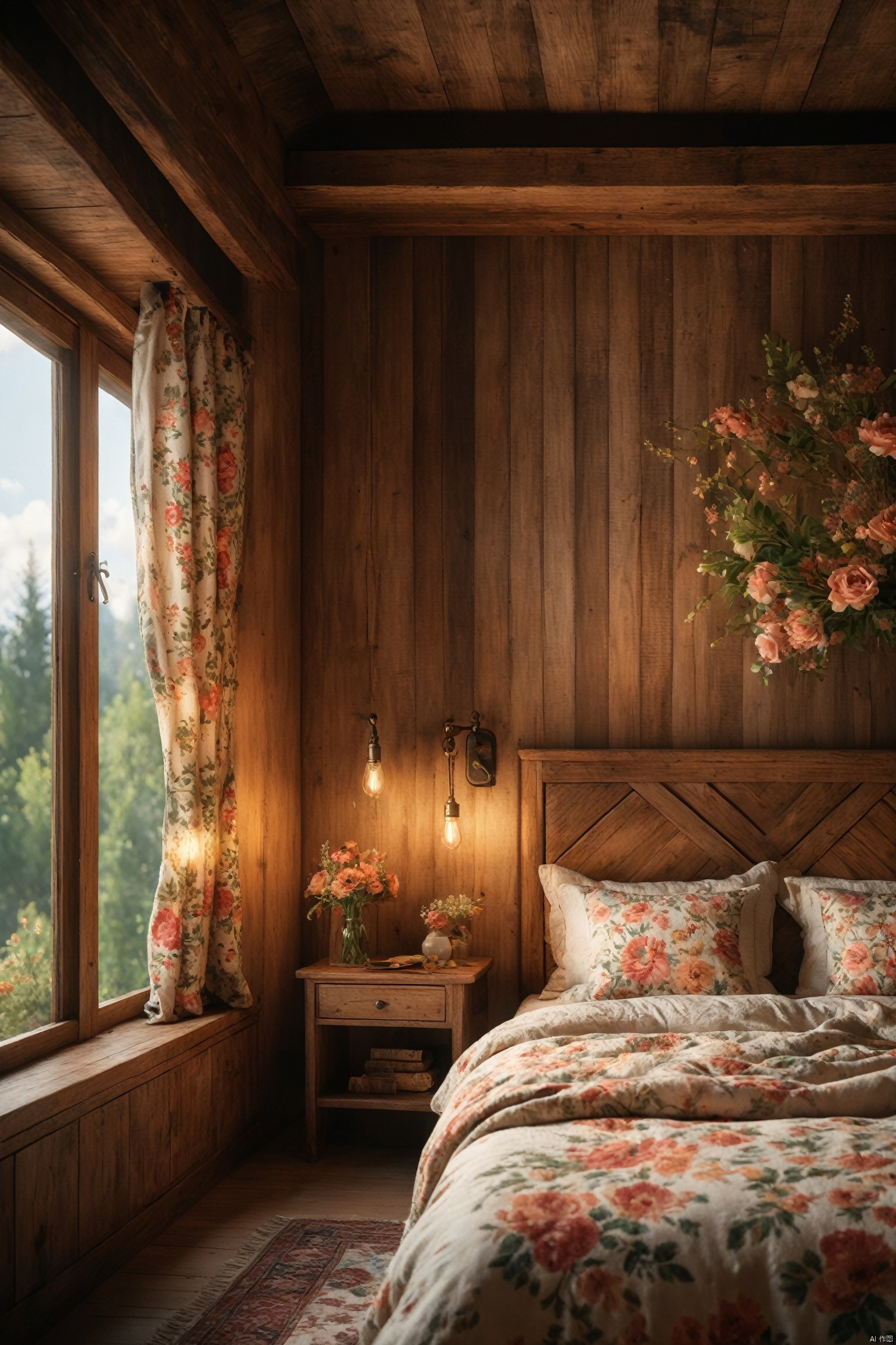  Country style bedroom, cozy quilted bedcovers, rustic wooden furnishings, floral patterns, soft lighting, warm and homely atmosphere. perfect environment, cinematic lighting, product photography, unreal engine, 8K