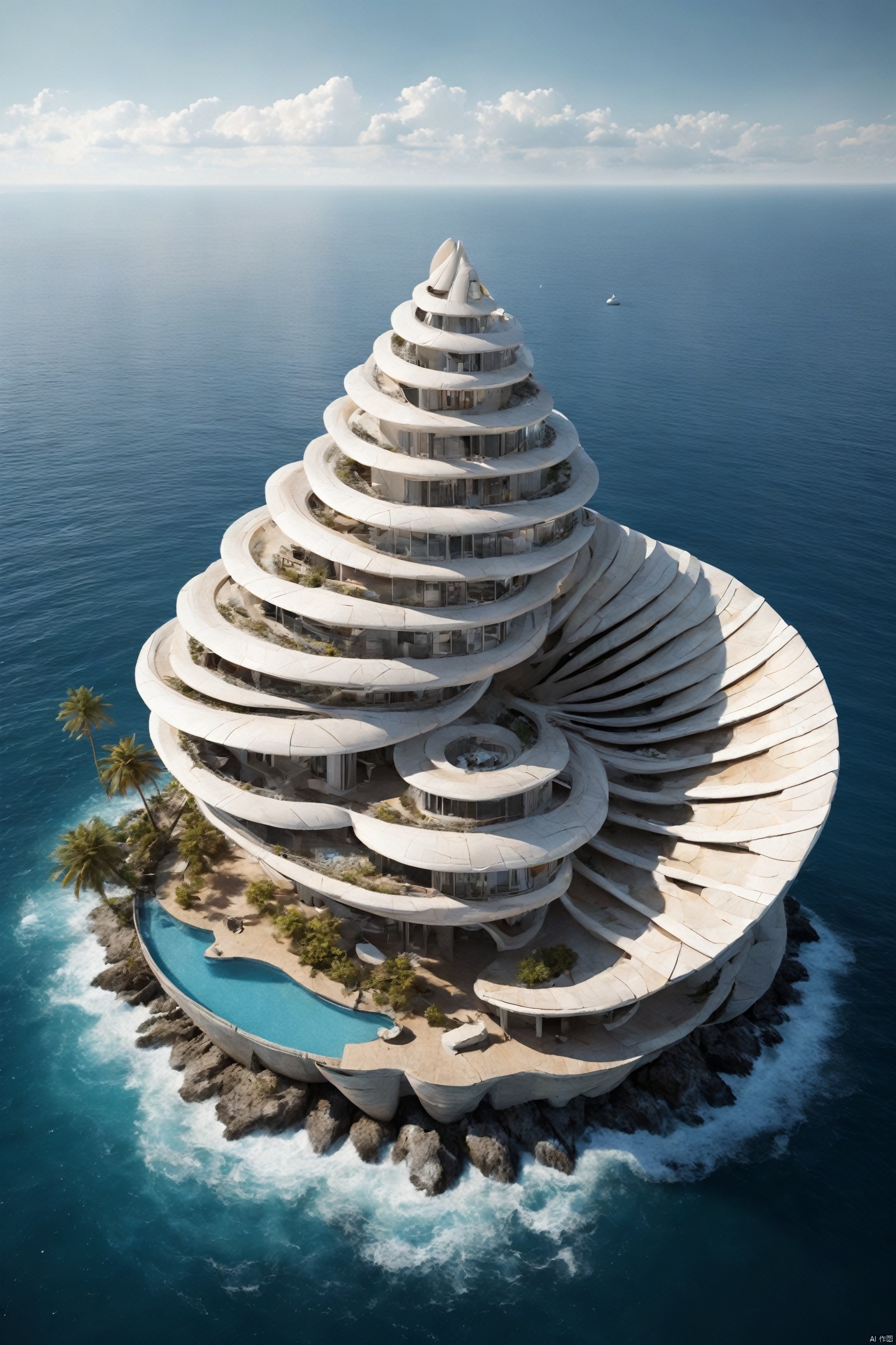  bird eye view, shell shaped, Science fiction architecture complex, Made from shell, Overlooking, sea, (masterpiece, best quality, perfect composition, very aesthetic, absurdres, ultra-detailed, intricate details, Professional, official art, Representative work:1.3), Dream Homes