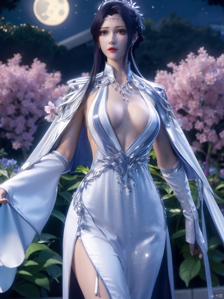 best quality, masterpiece, highres,Beautifulface,
flower sea,starry_night,full_moon,
1girl,medium breasts,slender,glamor,narrow_waist,
yunzhi