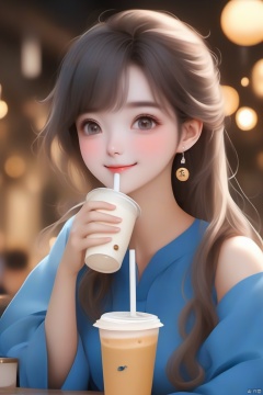 1girl,wear blue clothes,upper body,drink milk tea,open mouth,happy,laugh