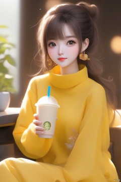 1girl,wear yellow clothes,upper body,drink milk tea