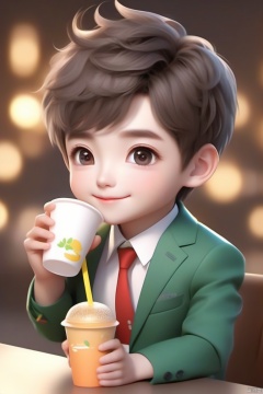 1boy,chibi face,wear colorful suit,upper body,drink milk tea,open mouth,happy,laugh,3d,super realistic,3d rendering
