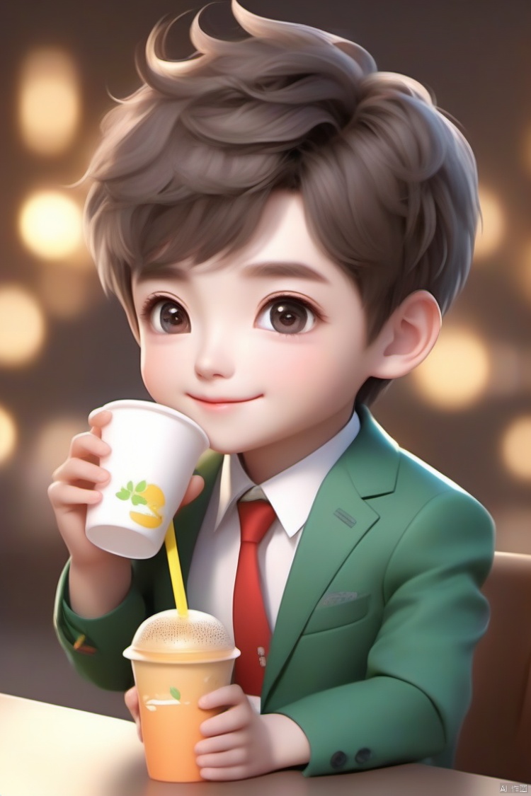 1boy,chibi face,wear colorful suit,upper body,drink milk tea,open mouth,happy,laugh,3d,super realistic,3d rendering