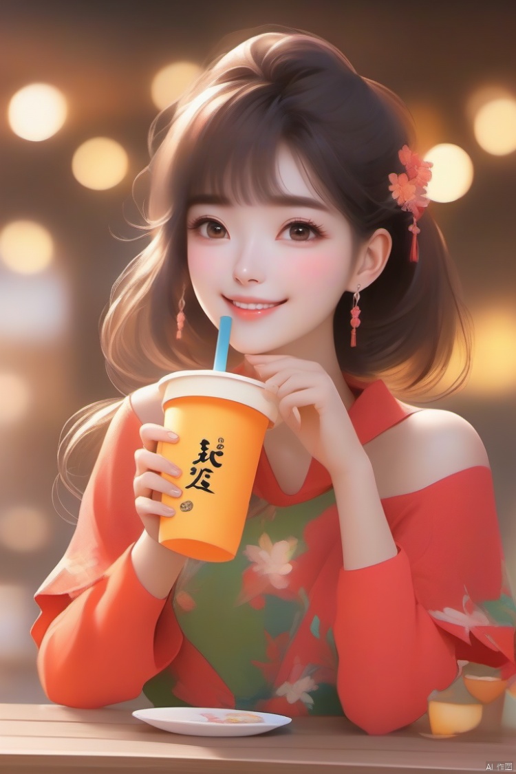 1girl,wear colorful clothes,upper body,drink milk tea,open mouth,happy,laugh