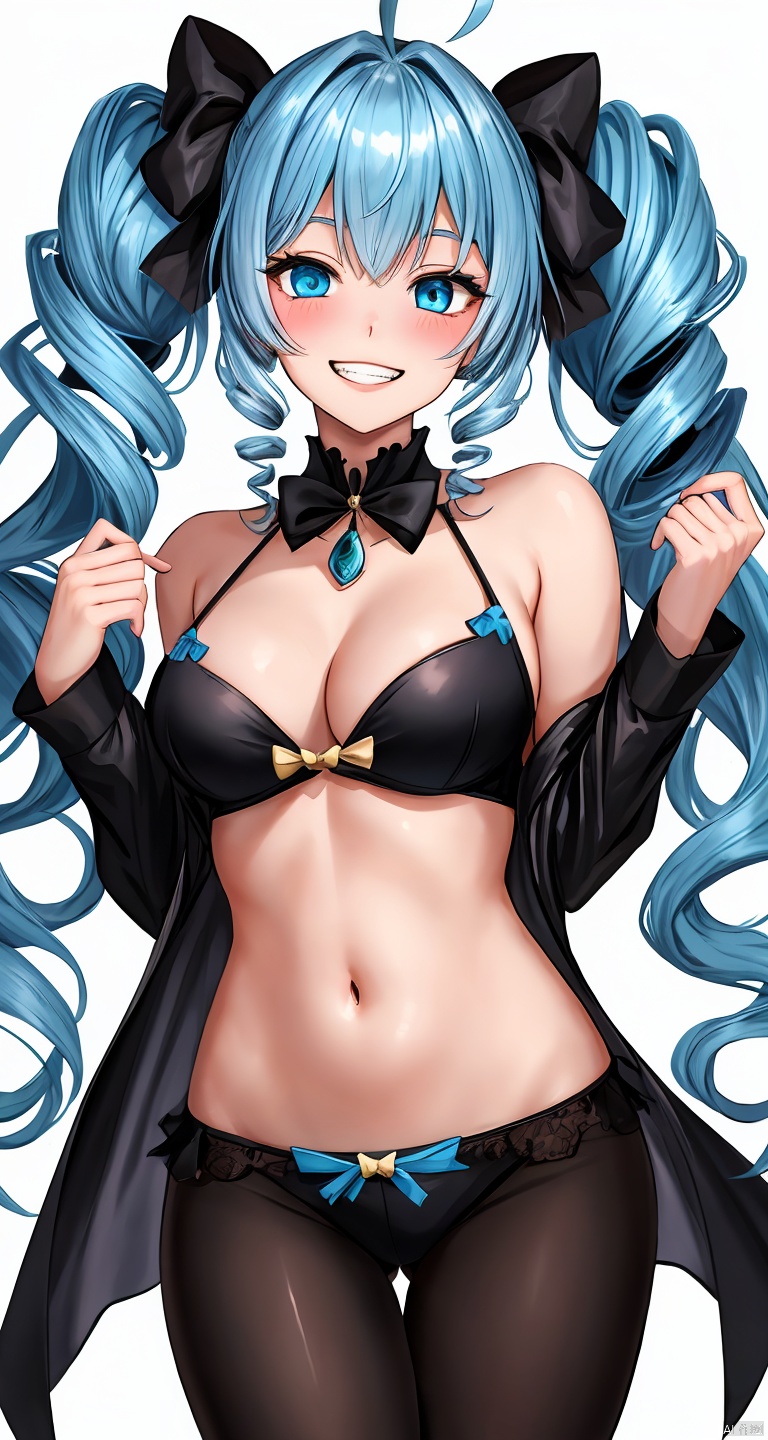 1girl, solo, long hair, breasts, looking at viewer, blush, smile, bangs, blue eyes, large breasts, simple background, white background, bow, navel, bare shoulders, twintails, jewelry, medium breasts, blue hair, collarbone, ahoge, hair bow, cowboy shot, teeth, alternate costume, shiny, stomach, grin, shiny hair, black bow, heterochromia, drill hair, gem, revealing clothes, twin drills