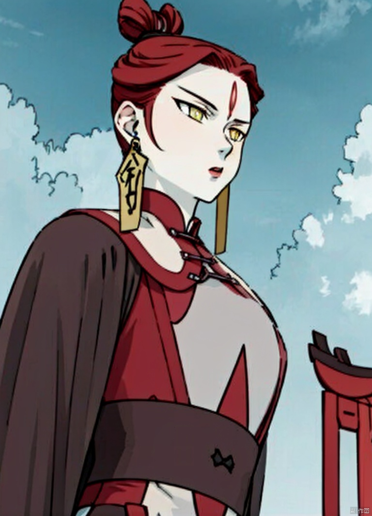 A large chest,Wide chest,1girl, solo, jewelry, yellow eyes, upper body,
red hair, earrings, chinese clothes, forehead mark, outdoors, A large chest