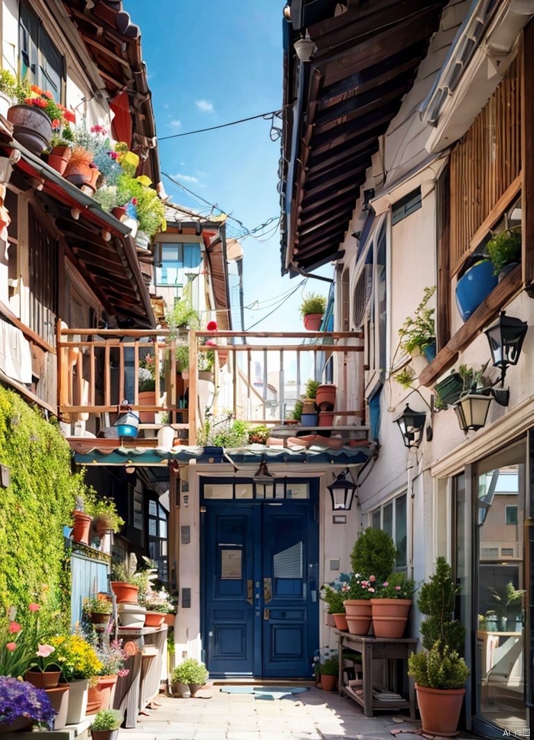flower, outdoors, sky, day, no humans, window, plant, building, scenery, stairs, door, railing, potted plant, house, flower pot, balcony