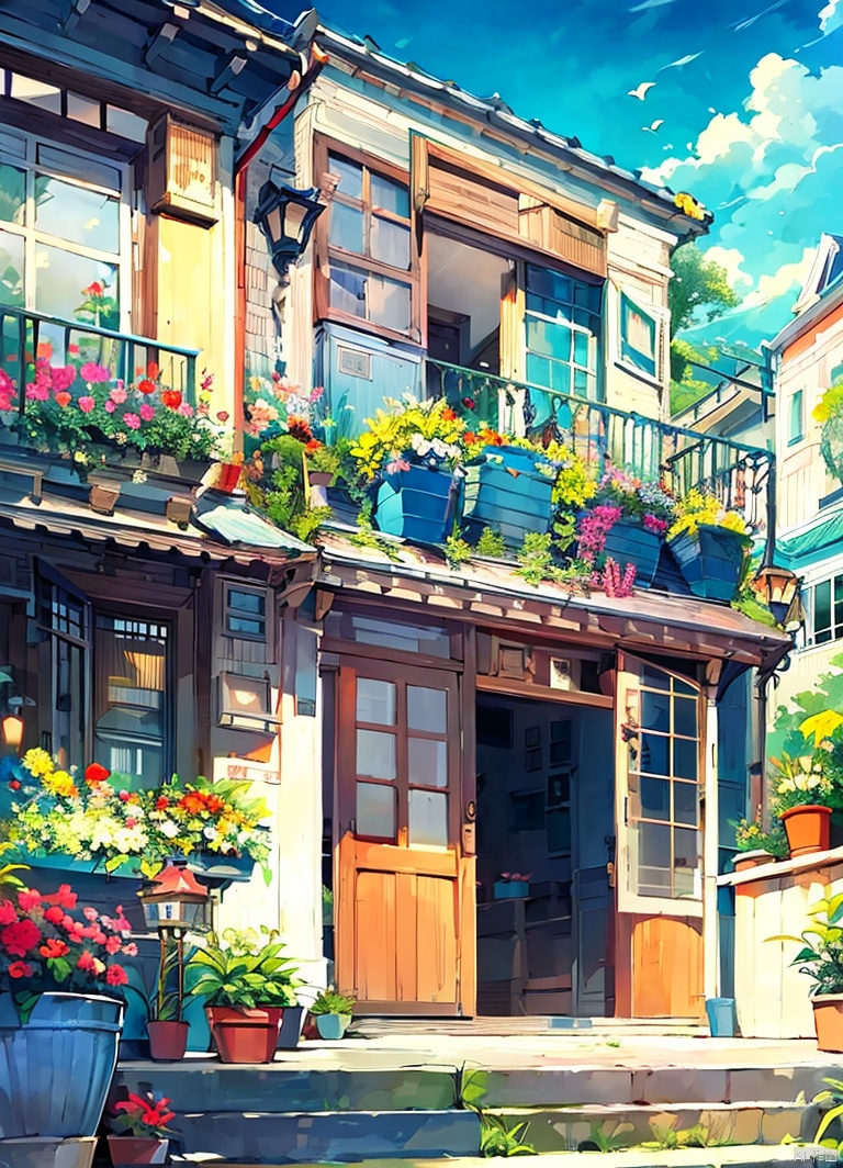 flower, outdoors, sky, day, no humans, window, plant, building, scenery, stairs, door, railing, potted plant, house, flower pot, balcony