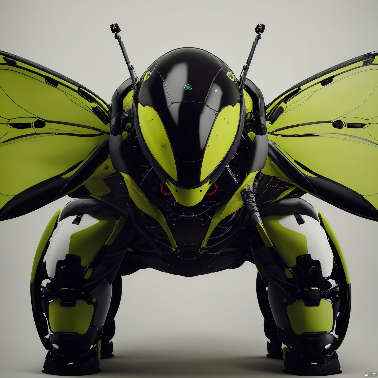  A black bionic robot with bionic muscles, like a green dragonfly, with big eyes like many sensors; big green wings.,White Background, Simple Background