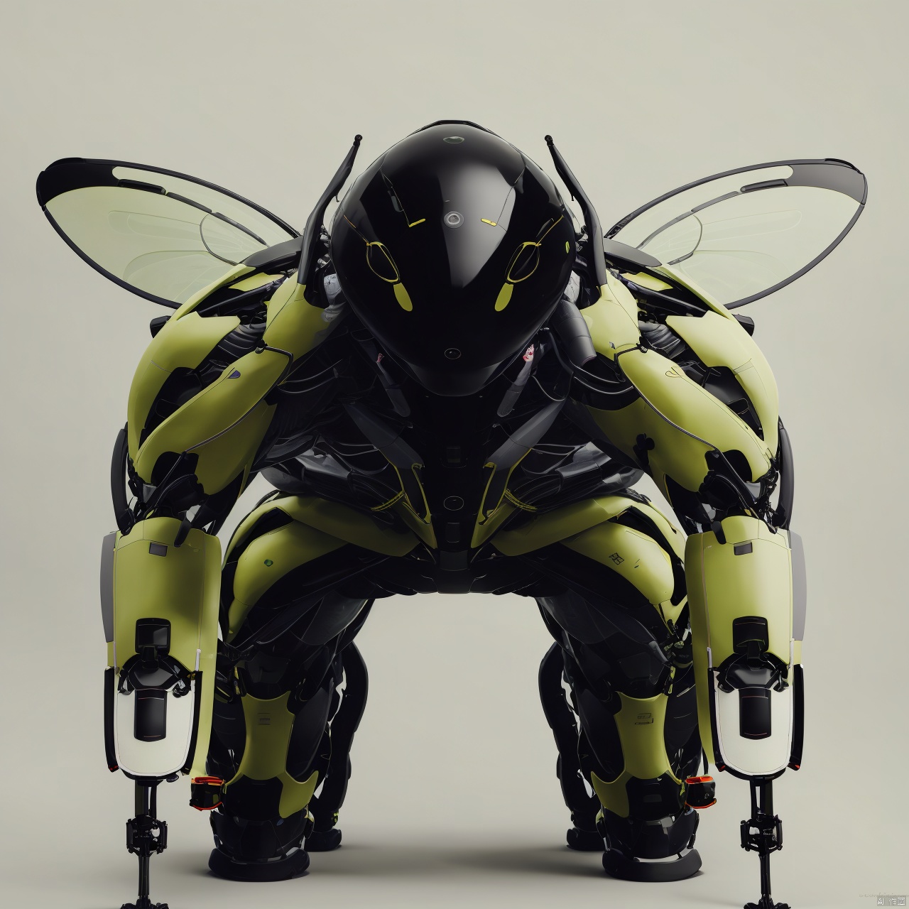 A black bionic robot with bionic muscles, like a green dragonfly, with big eyes like many sensors; big green wings.,White Background, Simple Background
