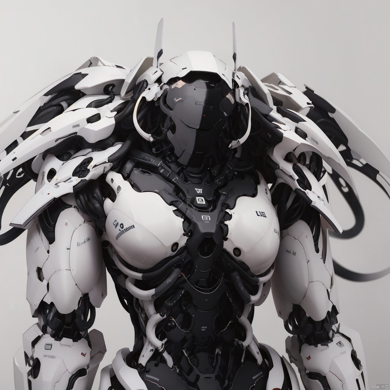 A white bionic robot, , large white wings. Muscles, mecha,White Background, Simple Background, A Robot, 1girl Robot