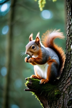  photographic of a squirrel in the tree for cgart mayfly\(model\) test, cinematic, forest lake, moss, cold weather, deep cyan and amber, Hasselblad XCD 80mm, f/1.8 aperture