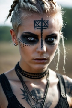  Horror-themed (extreme close shot of eyes :1.3) of nordic girl, (war face paint:1.2), mohawk blonde haircut wit thin braids, runes tattoos, sweat, (detailed dirty skin:1.3) shiny, (epic battleground backgroun :1.2), . analog, haze, ( lens blur :1.3), hard light, sharp focus on eyes, low saturation, by ilya kuvshinov and flora bosil . Eerie, unsettling, dark, spooky, suspenseful, grim, highly detailed