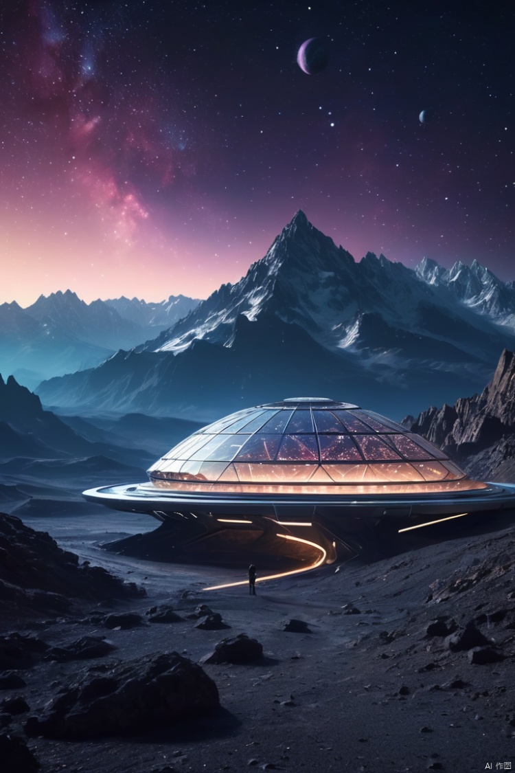  futuristic building, surface from a alien planet, mountains in the background, sci fi, fantasy, space art, galaxy background, shotting stars, dynamic angle, intricate details, film grain, accent lighting, soft volumetric light, shallow depth of field, cinemagraph, night time