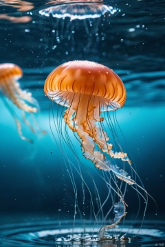  food commercial poster,a few jellyfish,no humans,water drop,water,water splashing,splashing,depth of field,blurry,,, masterpiece,best quality