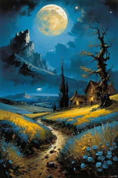  landscape by Gustave Moreau, Thomas Kinkade, James Gurney. Carne Griffiths. Frank Frazetta. van gogh, Alberto Sevesooil paint, masterpiece, Realistic, deep colors, blue tint, only bronze gold moon, night scenery, fields, Field, Intricate, detailed, sharp, clear, Better image quality, harsh brush strokes