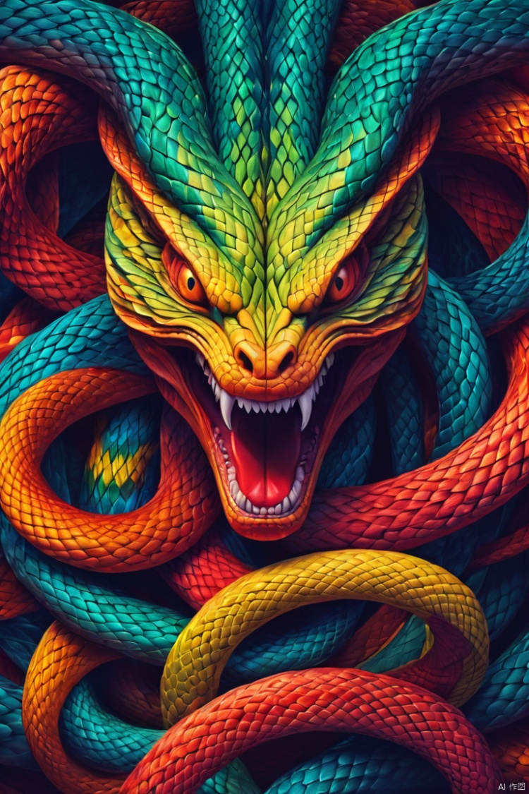  An Abstract surreal demon Portrait Made of intertwining snakes, weaving over and under each other throughout the frame, emphasis effect, moire effect, awash in colorful shades, seamlessly extends the lines