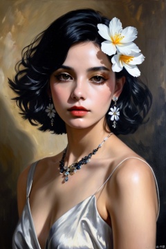  1girl,solo,black hair,short hair,jewelry,realistic,earrings,hair ornament,black eyes,lips,collarbone,parted lips,flower,watermark,upper body,portrait,hair flower,dress,web address,looking awayirt,Oil painting light and shadow,realistic oil painting,oil painting strokes