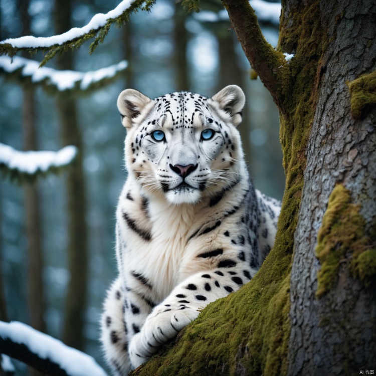  photographic of a snow leopakd in the tree for cgart mayfly\(model\) test, cinematic, forest lake, moss, cold weather, deep cyan and amber, Hasselblad XCD 80mm, f/1.8 aperture