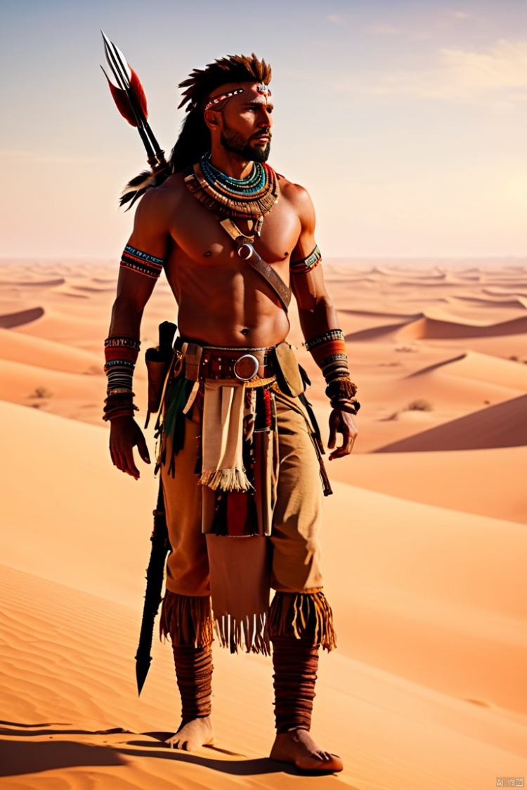  tribal hunter standing in desert 8k