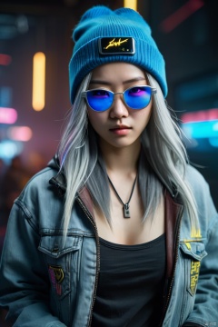  photorealistic of a cute Chinese female \(cyberpunk hacker with blue colored glasses,in a jacket with a Beanie long grey hair half teeshirt ripped jeanscy\), lively in a transitional setting, engaging expression,captured in a way that showcases its magnetic,mythical nature in a heartbeat, looking at the camera, ultimate details, captured on a Leica M50, f/1.9. cyberpunk 2077 poster art, perfect environment, cinematic lighting