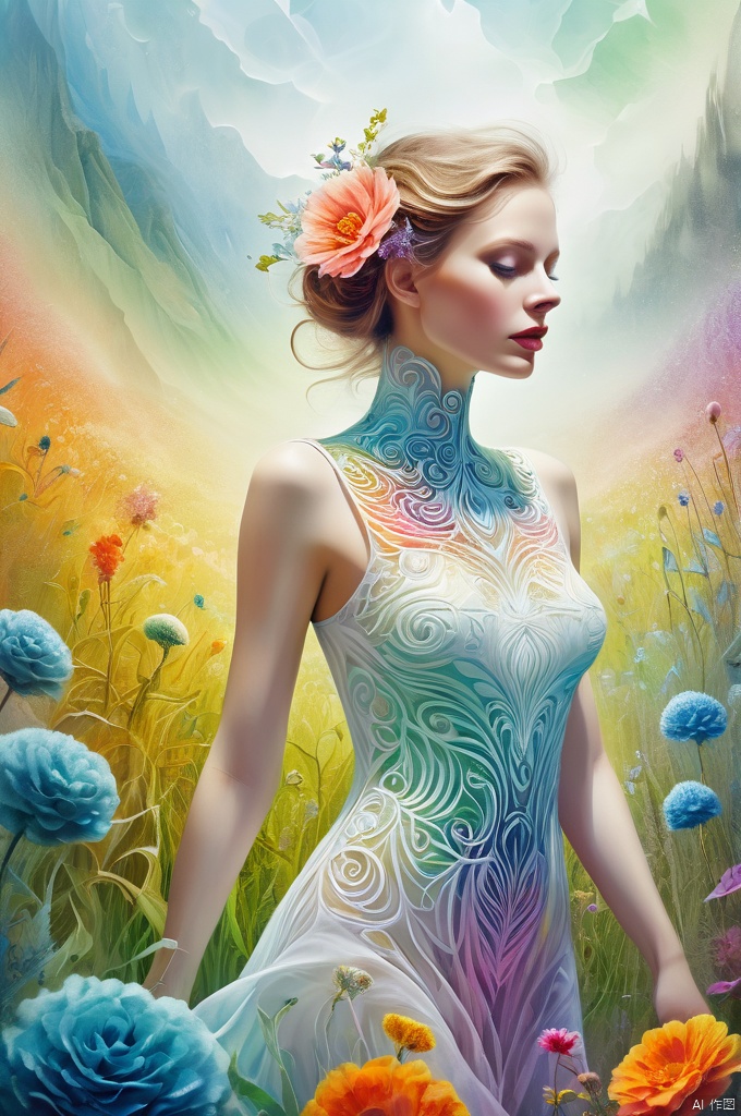  illustration, watercolor style of a litter girl wearing gauze, pure white skin, exposed body, shape, close-up, floral background, fashion, minimalism, extremely detailed, absurd, (color), abstract background, fractal, (flower) exquisite visual effects, outdoor, grassland, fog, exquisite visual effects, super bright, colorful background, high-definition, artistic calligraphy and ink, abstract, colorful colors, beauty, color clarity, mystery, oil painting, soft colors, art, amazing depth, super details, masterpieces of engineering leaders, strategic planning, rich and colorful, peaceful visual effects, art's super details, texture and best quality, masterpieces, super details, perfect composition, best image Quality, super-resolution, surrealism, dreamlike realism, dreamlike creation, terrifying color schemes, surrealism, abstraction, psychedelic, (8k, RAW photo, best quality, masterpiece: 1.2), (realistic, photo fidelity: 1.37), 4k texture, HDR, complex, highly detailed, clear focus, soothing tones, maze details, crazy details, complex details, HDR