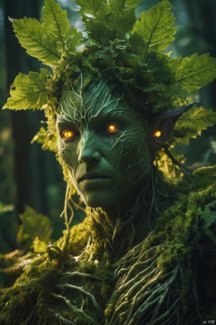  macro shot of a glowing forest spirit, leafy appendages outlined with veins of light, eyes a deep, enigmatic glow amidst the foliage.