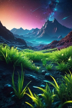  landscpae of the surface from a alien planet, mountains in the background, glowing alien luminescent little plants, sci fi, fantasy, space art, galaxy background, fluorescence in the grass, shotting stars, dynamic angle, intricate details, film grain, accent lighting, soft volumetric light, shallow depth of field, cinemagraph