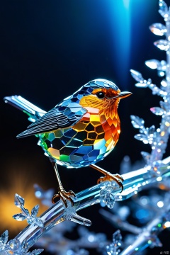  Highly detailed shot of an (((iridescence))) crystal sculpture in the shape of a European robin on a crystal tree branch, often associated with the arrival of spring. In folklore, the robin is sometimes depicted as a symbol of good luck or as a harbinger of news from the spirit world, vibrant background, full motion effects, diagonal view, crystal particles glittering, back light, ultra sharp focus, high speed shot, vibrant color, Bioluminescence, high quality