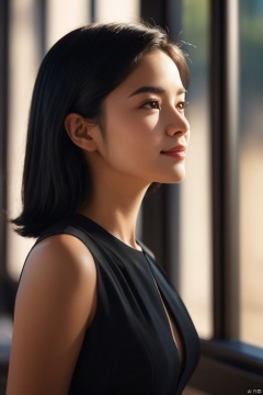 One Girl, Solo, Black Hair,from side Smile, Blurred Background, Depth of Field, Realistic, Soft, Warm, Formal, Masterpiece, Excellent 8K,realistic details, surrealistic, sense of reality, intense contrast of light and shadow