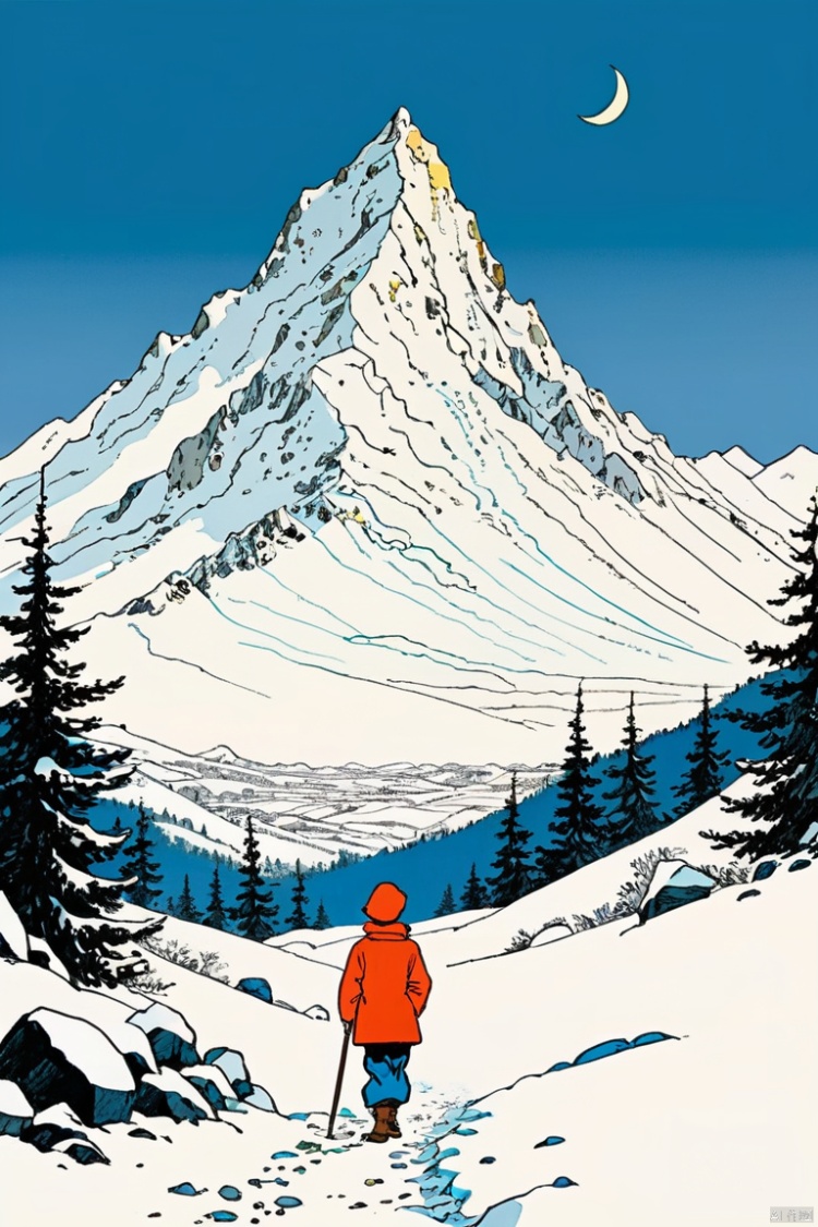  pen and ink, illustrated by hergé, girl alone forever. snow mountain, Sadness, stunning color scheme, masterpiece