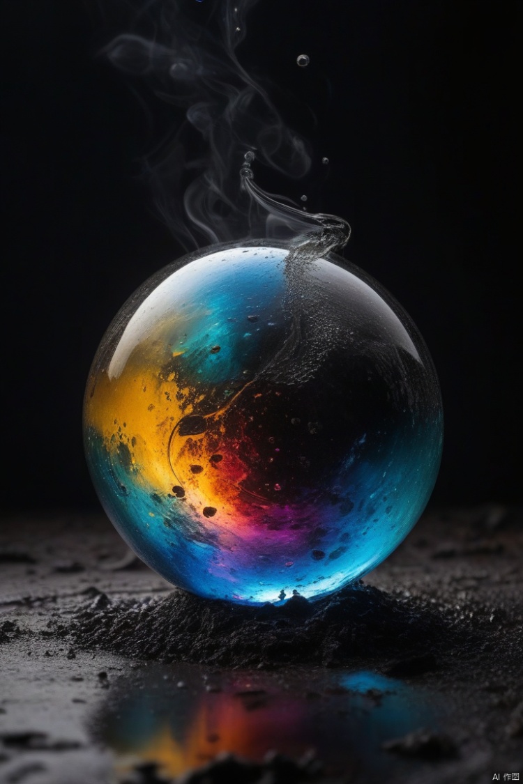  glassy orb, smashes the wet ground, reflection on ground (dark smoky background with brilliant colors:1.4), sheen,, , ral-drptpl