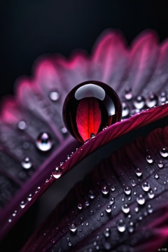  Dark Fantasy Art, Macro Photography, Macro dewdrop on a flower petal: Extreme close-up, emphasizing intricate textures, close-up, macro 100mm, macro photography, dark, moody, dark fantasy style