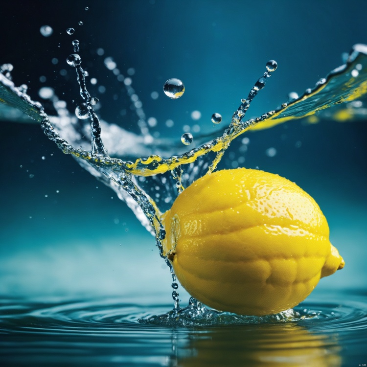  no humans,lemon, water drop,water,water splashing,splashing,depth of field,blurry,, masterpiece