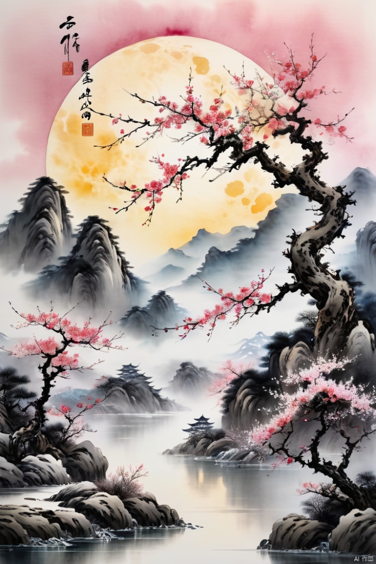  ((masterpiece)),((best quality)),traditional Chinese painting,mountain,cloud,river,flower,tree,pink moon,in the style of zen,white and yellow,traditional chinese, cinematic,a sense of scale and narrative,ethereal scenes,peaceful solitude,stunning contrasts and shadow,introspection,8k,Photography,super detailed,hyper realistic,masterpiece,Depth of field,Bright color,Super lightsensation,Caustic, ink painting, watercolor
