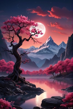  The ethereal beauty of a mystical landscape under the red moonlight. The scene should be illuminated by a large, radiant moon, casting its glow upon a twisted, yet majestic tree with blossoms that seem to sparkle in the night. The tree’s roots should be deeply embedded into rocky terrain, symbolizing its ancient existence. In the background, towering mountains loom, their peaks veiled in mist. A serene lake at the foot of the mountains reflects the moon’s luminescence. Incorporate elements that evoke a sense of magic and mystery.