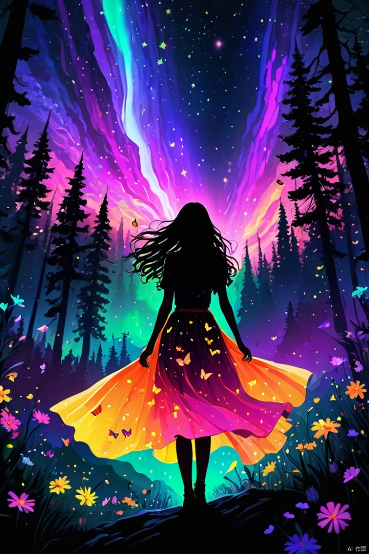  score_9, score_8_up, score_7_up, masterpiece, high quality, abstract, 1girl, cowboy shot, black silhouette of a girl, (long flowy hair), flowy skirt, green forest background, ((dynamic pose)), ((flowers)), ((glowing butterflies)), night time, dark theme, starry sky, meteor shower, glowing hair, cinematic, vivid colors, pink, purple, yellow, orange, ((saturated neon colors)), perfect hands, anzhcdreamwave, aesthetic, Perfect Hands, ((aurora borealis))
