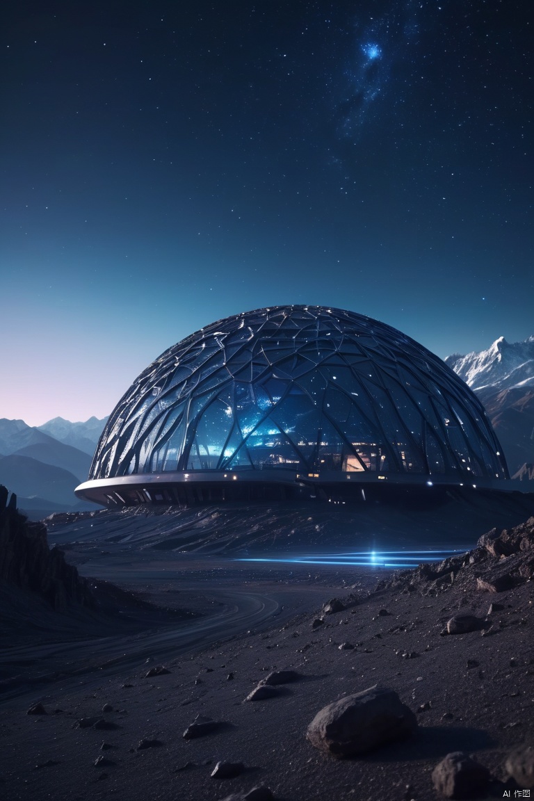  futuristic building, surface from a alien planet, mountains in the background, sci fi, fantasy, space art, galaxy background, shotting stars, dynamic angle, intricate details, film grain, accent lighting, soft volumetric light, shallow depth of field, cinemagraph, night time