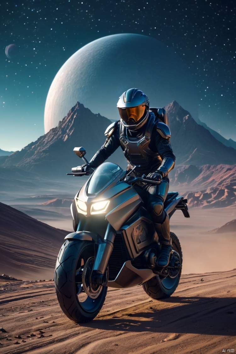  a man riding scifi morbike, futuristic building, surface from a alien planet, mountains in the background, sci fi, fantasy, space art, galaxy background, shotting stars, dynamic angle, intricate details, film grain, accent lighting, soft volumetric light, shallow depth of field, cinemagraph, night time