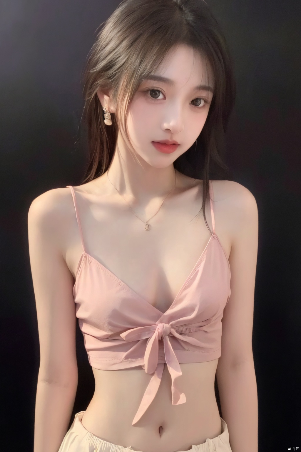  (realistic:1.5),best quality,high resolution,1girl,big eyes,lips,(flat chest:1.4),camisole ,navel,((thin waist)) ,messy ,necklace,earrings,black background