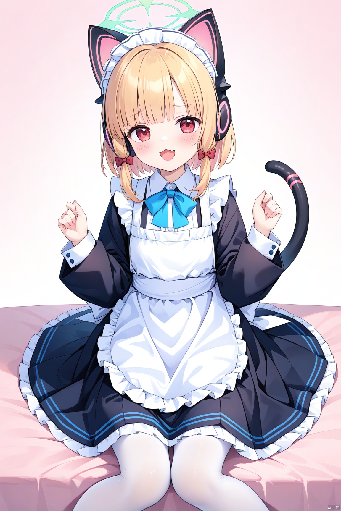  1girl,solo,(masterpiece:1.3),( beautiful:1.2),(high quality:1.2),(finely detailed:1.2),extremely detailed CG unity 8k wallpaper,best quality,a very delicate and beautiful,(perfect fingers),(one cute girl at the center:1.2),blush,smile,shy,looking_at_viewer,open_mouth,fang,skin fang,

bangs, blonde hair, red eyes, long sleeves, dress, bow, animal ears, tail, pantyhose, frills, shoes, alternate costume, cat ears, apron, black dress, cat tail, maid, maid headdress,fake animal ears, headphones, halo, blue bow, frilled dress, white apron, maid apron, white pantyhose, frilled apron, animal ear headphones, cat ear headphones, momoi \(blue archive\), momoiMaid, momoiBA