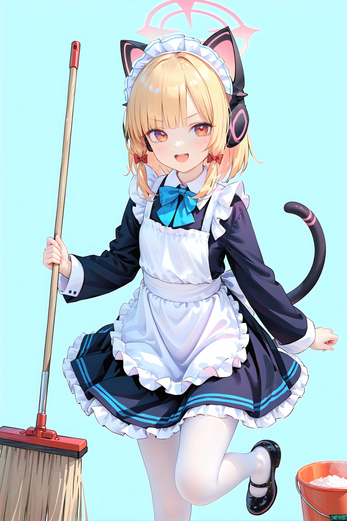  1girl,(masterpiece:1.3),( beautiful:1.2),(high quality:1.2),(finely detailed:1.2),extremely detailed CG unity 8k wallpaper,best quality,a very delicate and beautiful, (one cute girl at the center:1.2), smile,

momoiMaid, momoiBA,
1girl, solo, looking at viewer, blush, smile, open mouth, bangs, blonde hair, simple background, red eyes, long sleeves, white background, dress, bow, holding, animal ears, standing, tail, pantyhose, frills, shoes, alternate costume, cat ears, apron, black dress, cat tail, maid, maid headdress, window, fake animal ears, headphones, halo, blue bow, standing on one leg, frilled dress, white apron, maid apron, broom, white pantyhose, frilled apron, enmaided, bucket, holding broom, animal ear headphones, cat ear headphones, mop, momoi \(blue archive\), pink halo, @_@,