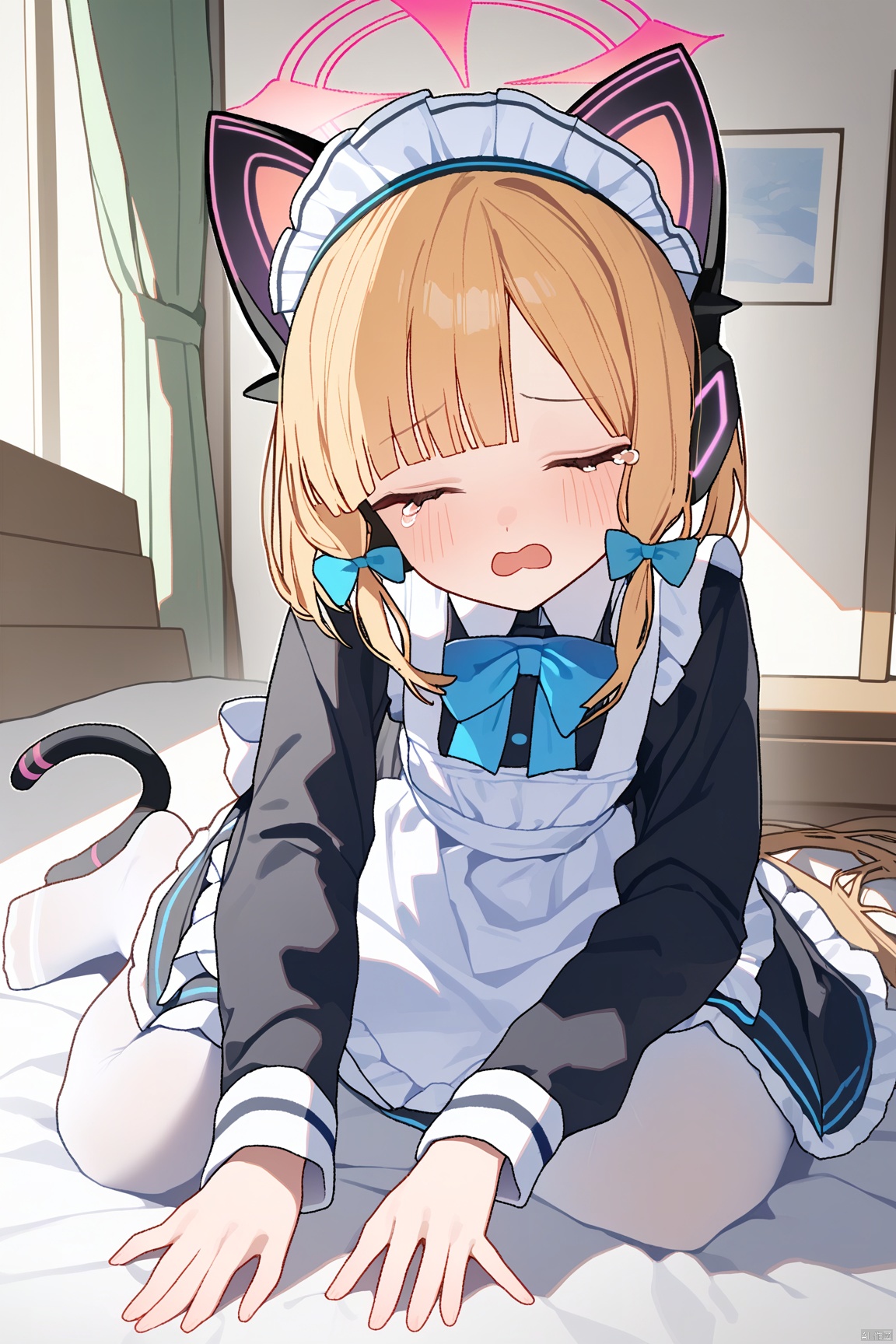  1girl,(masterpiece:1.3),( beautiful:1.2),(high quality:1.2),(finely detailed:1.2),extremely detailed CG unity 8k wallpaper,best quality,a very delicate and beautiful,perfect fingers,(one cute girl at the center:1.2),ningen mame,
bangs, blonde hair, closed_eyes,tears,open_mouth, long sleeves, dress, bow, animal ears, tail, pantyhose, frills, alternate costume, cat ears, apron, black dress, cat tail, maid, maid headdress,fake animal ears, headphones, halo, pink halo, blue bow, frilled dress, white apron, maid apron, white pantyhose, frilled apron, animal ear headphones, cat ear headphones, momoi \(blue archive\), momoiMaid,sunnlight, indoors,bedroom,no_shoes,