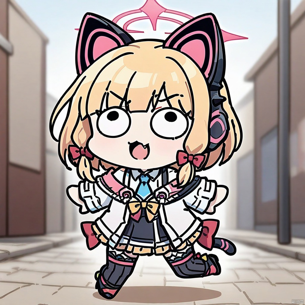 style-parody,chibi,full_body,(masterpiece),(best quality),solo, 1girl, outdoors,  blurry, momoiBA,short hair, bangs, skirt, blonde hair,shirt, red eyes, thighhighs, long sleeves, bow, animal ears, jacket, tail, white shirt, hair bow, pleated skirt, necktie, fang, collared shirt, black thighhighs, cat ears, black skirt, pink eyes, off shoulder, red bow, cat tail, fake animal ears, headphones, halo, white jacket, suspenders, blue necktie, animal ear headphones, cat ear headphones, striped thighhighs, pinkhood,momoi\(bluearchive\)

